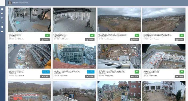 Übersichtsseite des Online-Portals mit allen aktiven Baustellenwebcams
